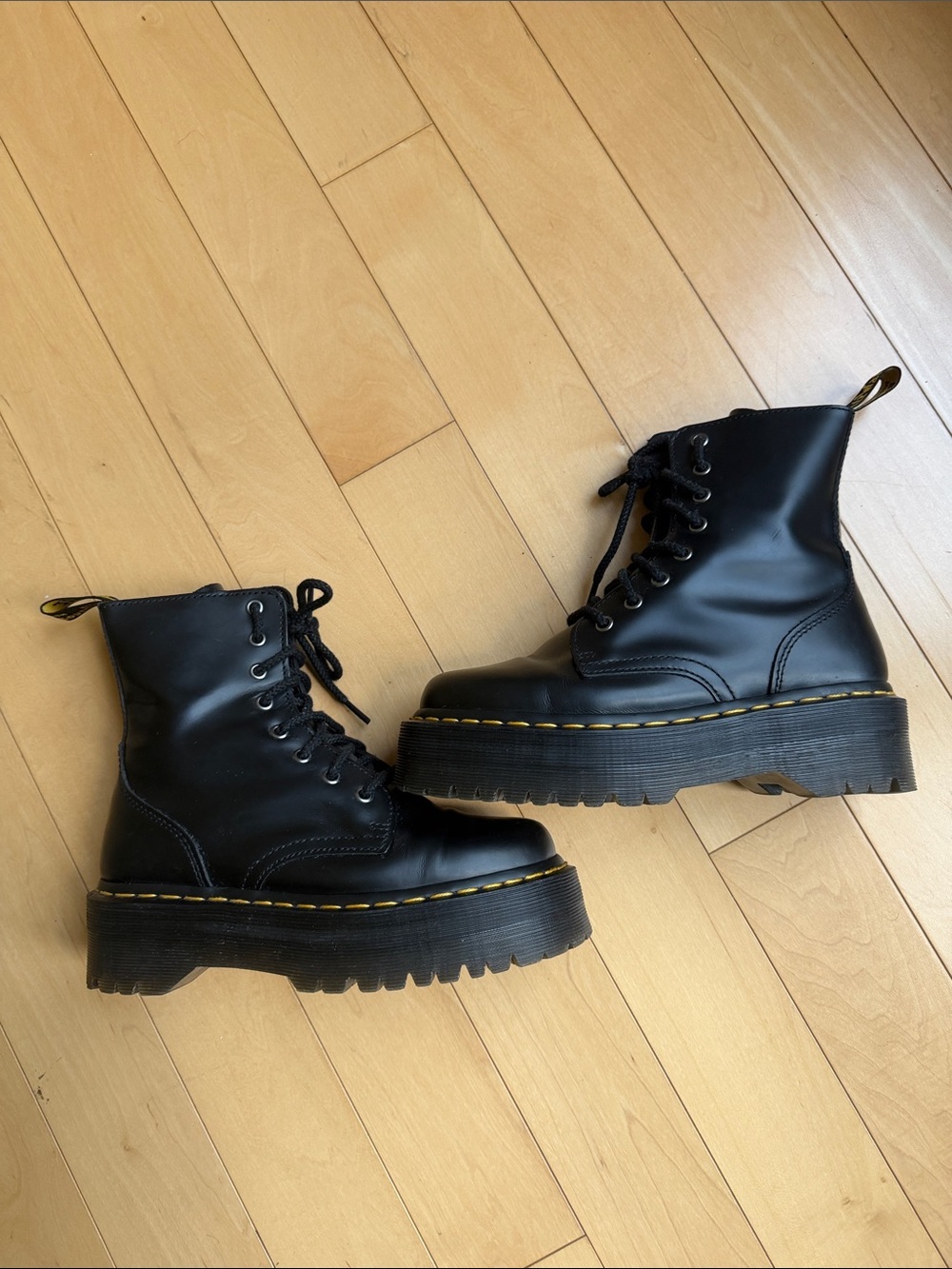 Dr. Martens Black Leather Platform Lace-Up Boots with Yellow Stitching